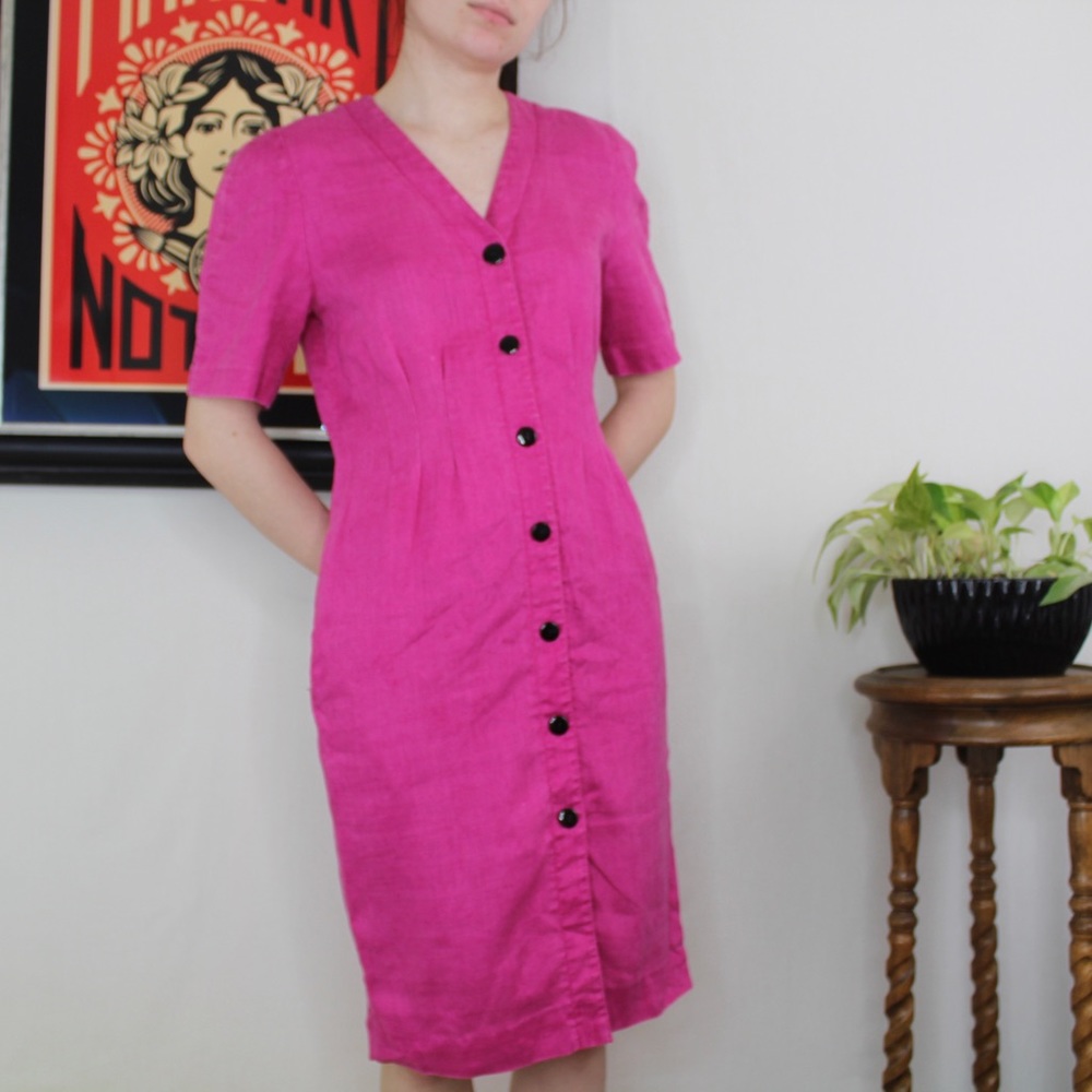 Pink 100% Linen Button Down Dress